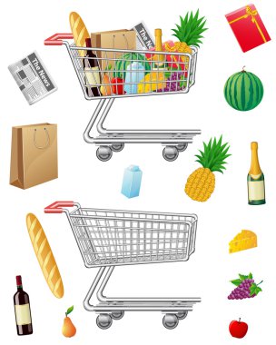 Shopping cart with purchases and foods