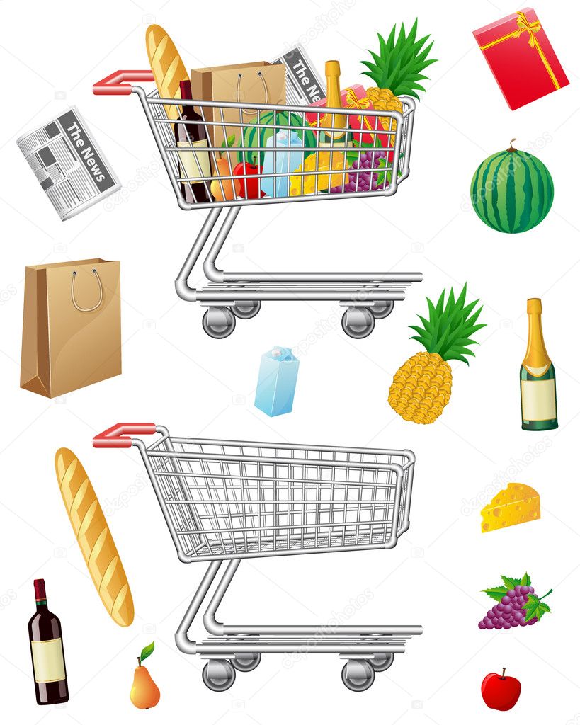 Shopping cart with purchases and foods