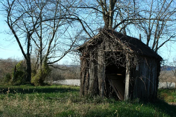 青い空と古い木の小屋 — ストック写真