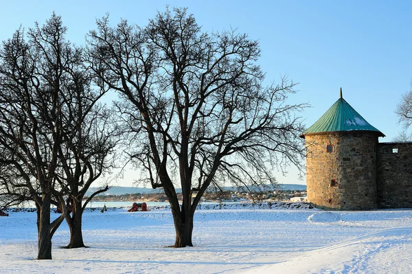 Paisaje con la torre de la fortaleza de Oslo — Foto de Stock