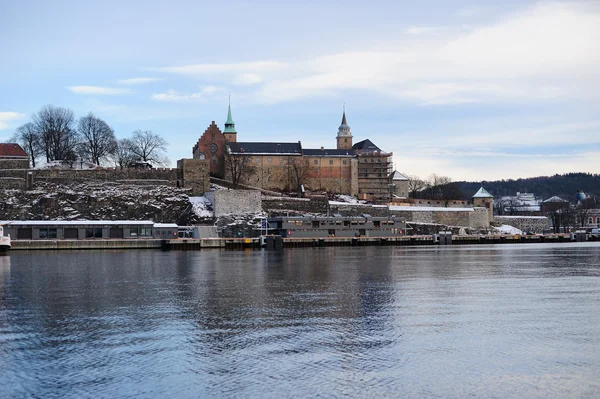 stock image Medieval Akershus Fortress in Oslo, view from the fjord