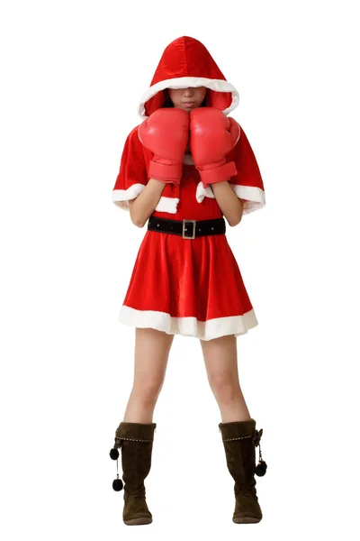 Christmas flicka med boxhandskar — Stockfoto