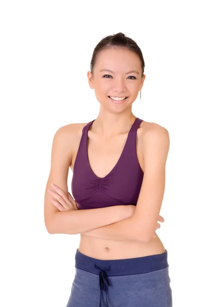 Glada Leende Kvinna Fitness Närbild Porträtt Asiatisk Skönhet Över Vit — Stockfoto