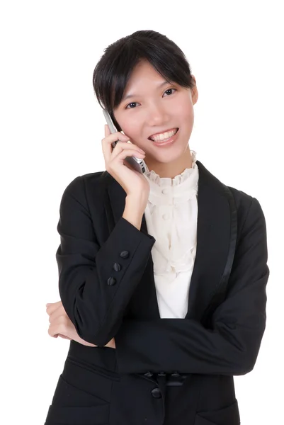 Junge Geschäftsfrau Mit Handy Und Glücklich Lächelndem Gesicht Vor Weißem — Stockfoto