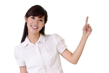 Smiling business woman rise hand and pointing copyspace of white. clipart