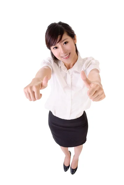 Young Business Woman Asian Give You Double Excellent Sign Full — Stock Photo, Image