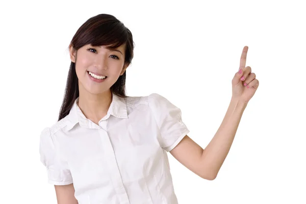 微笑业务女人兴起手和指向 Copyspace 的白色 — 图库照片