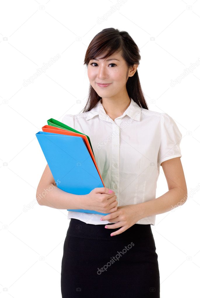 Young secretary of Asian holding file document, closeup portrait over white.