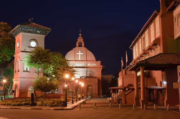Colorful night in Malacca with famous church and landmarks, Malaysia, Asia