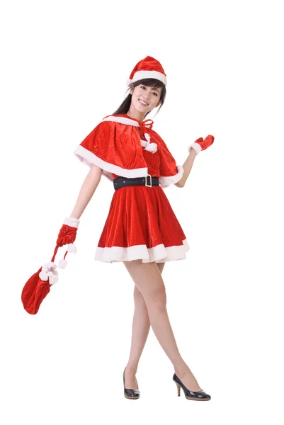 Happy Christmas Woman Asian Rise One Hand Show Full Length — Stock Photo, Image