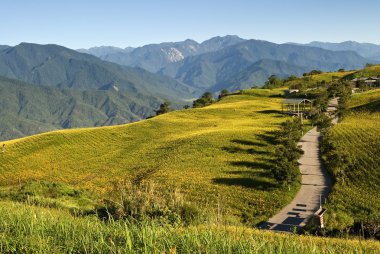 Landscape of buildings and road in mountain under blue sky. clipart