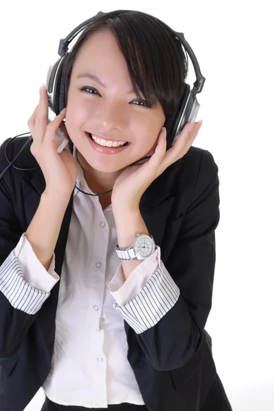 Happy Young Woman Mp3 Player Headset — Stock Photo, Image