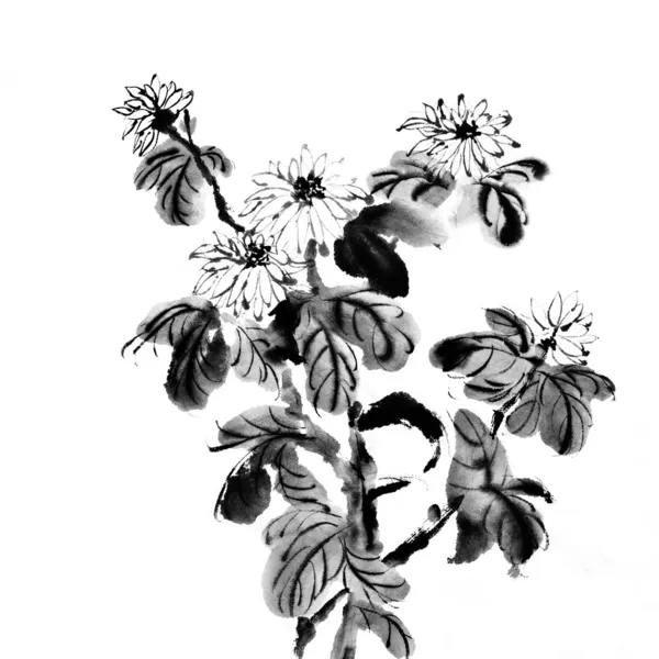 Λουλούδια Της Ζωγραφικής Στην Κινεζική Παραδοσιακό Στυλ Λευκό Φόντο — Φωτογραφία Αρχείου