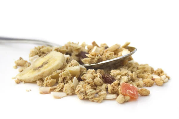 stock image Breakfast concept : muesli cereals isolated on white. Top view