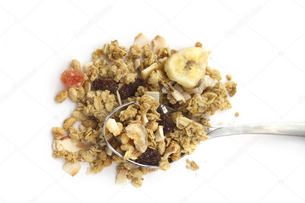 Breakfast concept : muesli cereals with spoon isolated on white background. Top view
