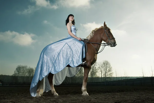 Güzel bir genç kadın kahverengi at ile — Stok fotoğraf