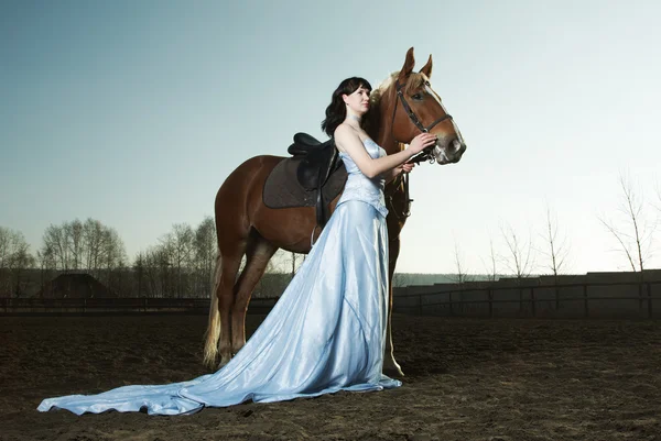 Красива молода жінка з коричневим конем — стокове фото