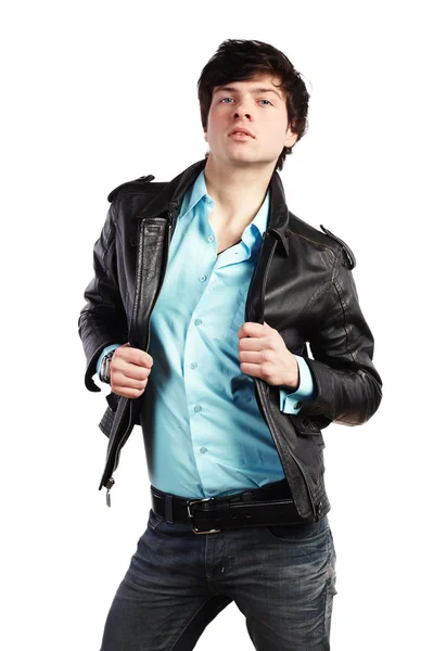 Closeup Portrait Beautiful Young Sexual Man Leather Jacket White Background — Stock Photo, Image