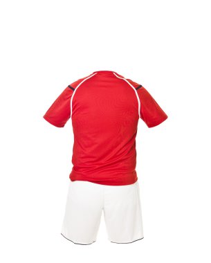 Red football shirt with white shorts