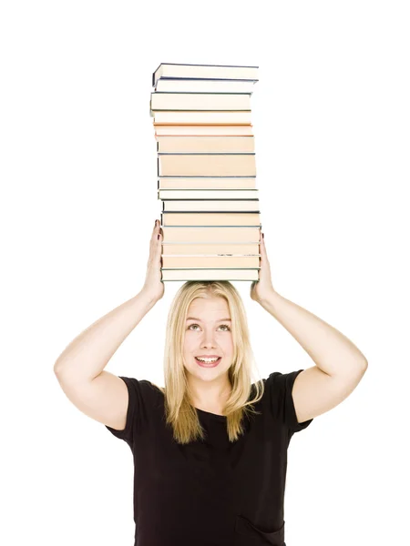 Mujer con un montón de libros en la cabeza —  Fotos de Stock