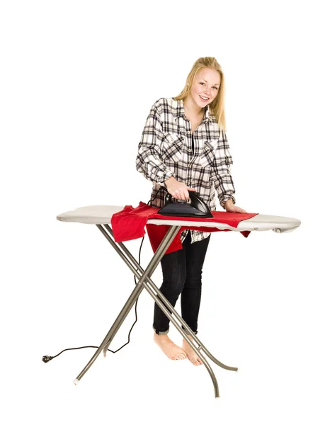 Young Housewife Ironing Isolated White Background — Stock Photo, Image