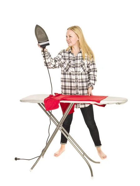 Angry Housewife Ironing Isolated White Background — Stock Photo, Image