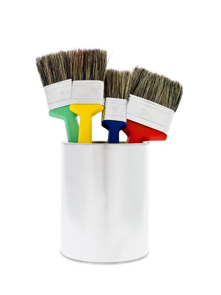 Tinta lata com escovas — Fotografia de Stock