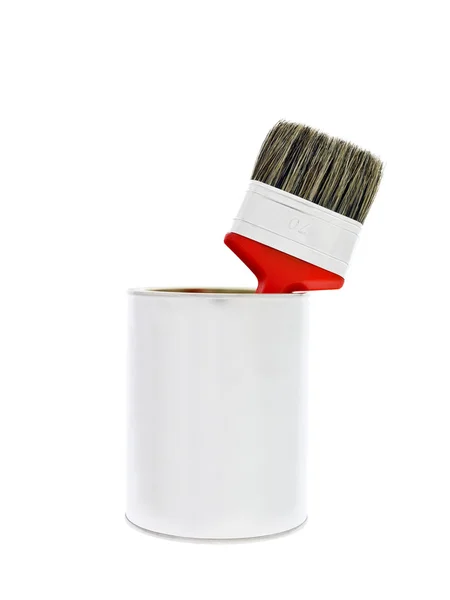 Lata Pintura Con Pincel Rojo Aislado Sobre Fondo Blanco — Foto de Stock