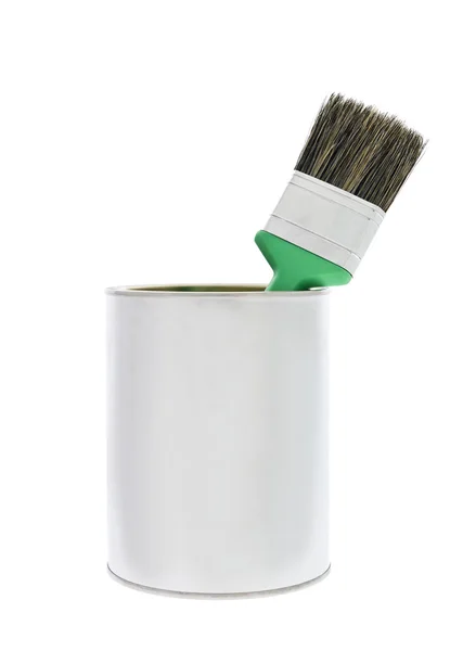 Plechovka Barvy Štětcem Zelené Izolovaných Bílém Pozadí — Stock fotografie