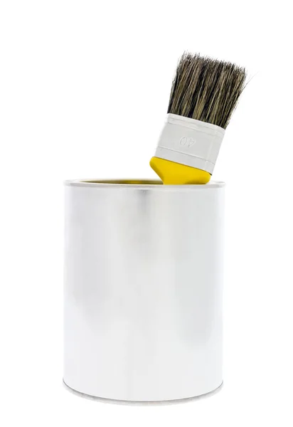 Boîte de peinture avec pinceau jaune — Photo