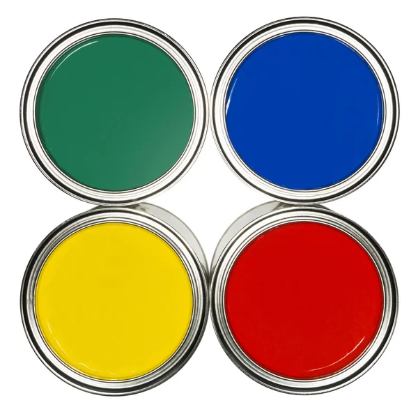 Renkli Boya Tenekeleri Izole Üzerinde Beyaz Arka Plan Yukarıda — Stok fotoğraf