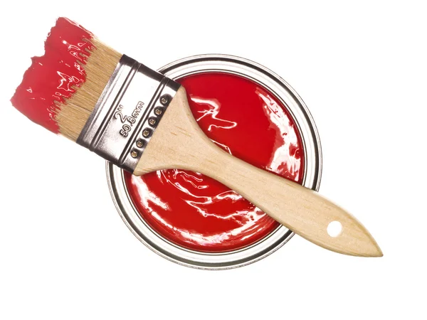 Červené Paintcan Štětec Izolovaných Bílém Pozadí — Stock fotografie