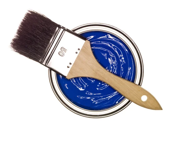 Blaue Farbdose Mit Pinsel Von Oben Isoliert Auf Weißem Hintergrund — Stockfoto