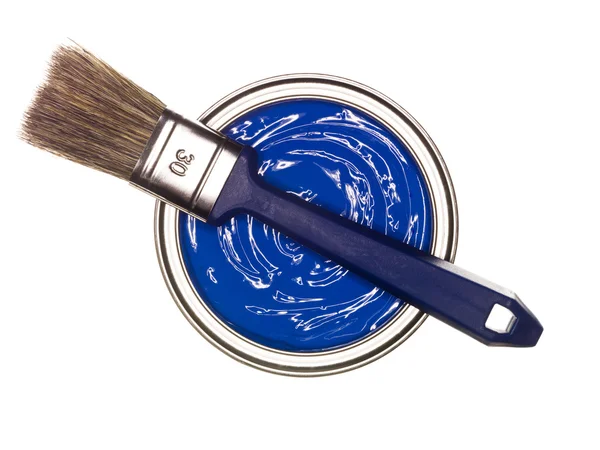 Boîte de peinture bleue avec pinceau — Photo