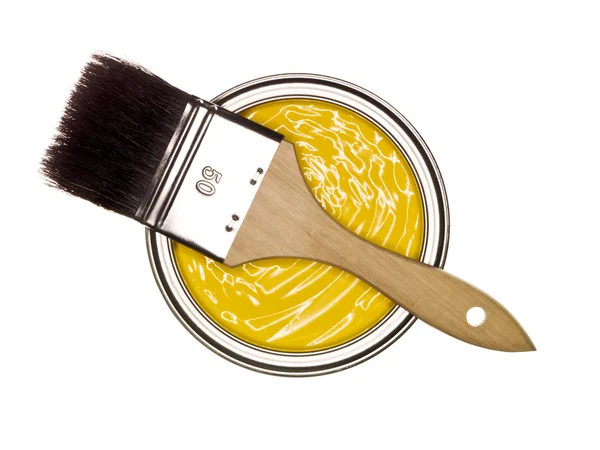 Lata de tinta amarela com escova — Fotografia de Stock