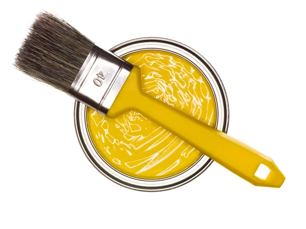Lata Tinta Amarela Com Escova Cima Isolado Fundo Branco — Fotografia de Stock