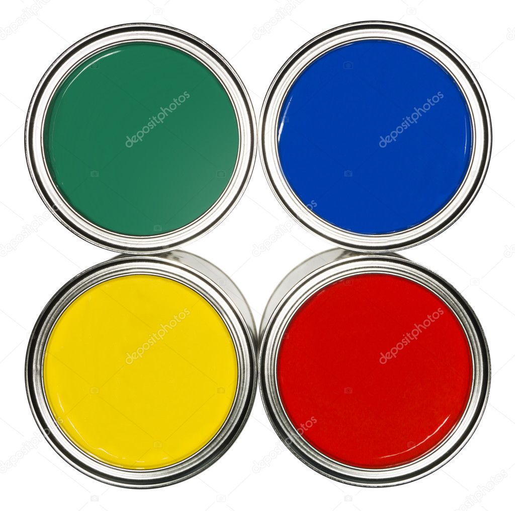 Colored Paint cans from above isolated on white background
