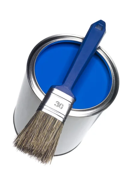 Blauwe Verf Kan Borstel Geïsoleerd Witte Achtergrond — Stockfoto