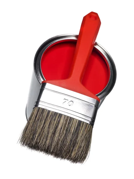 Lata de pintura roja y pincel — Foto de Stock