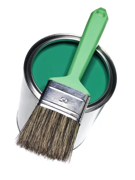 Lata Pintura Verde Cepillo Aislado Sobre Fondo Blanco — Foto de Stock