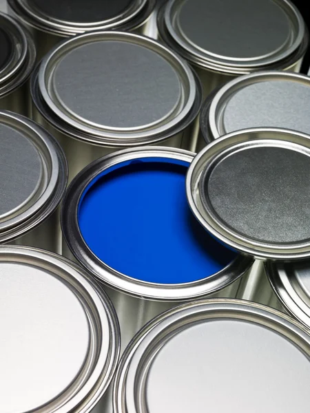 Paint Cans Full Frame Blue Can Opened — Stock Photo, Image
