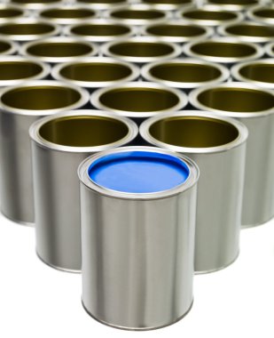 Blue Paint can in front of a large group of Empty Paint Cans clipart