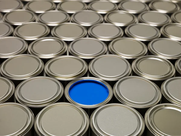Full Frame Paint Cans One Filled Blue Paint — Stock Photo, Image