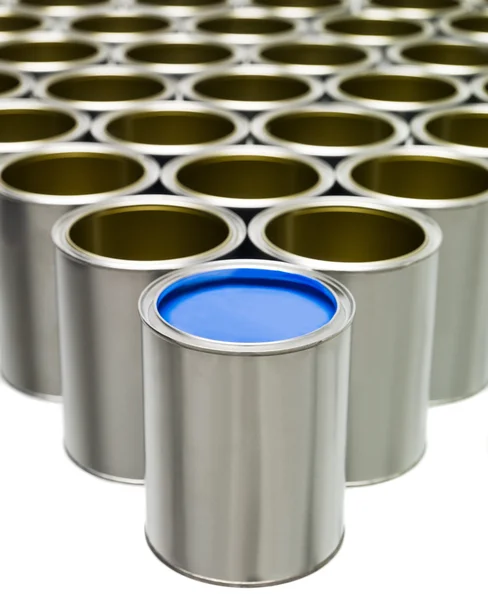 Blue Paint Can Front Large Group Empty Paint Cans — Stock Photo, Image