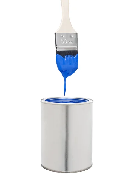 Pincel Lata Tinta Azul Isolado Fundo Branco — Fotografia de Stock
