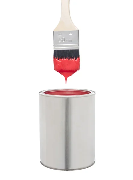 Roter Pinsel Und Dose Isoliert Auf Weißem Hintergrund — Stockfoto