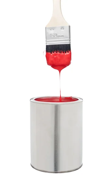 Roter Pinsel Und Dose Isoliert Auf Weißem Hintergrund — Stockfoto
