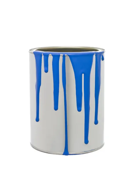 Paint Can Blue Spill Isolated White Background — Stock Photo, Image