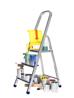 Stepladder with paint cans and brushes isolated on white background clipart