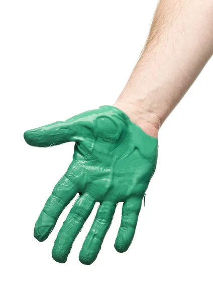Green Painted Hand Isolated White Background — Stock Photo, Image
